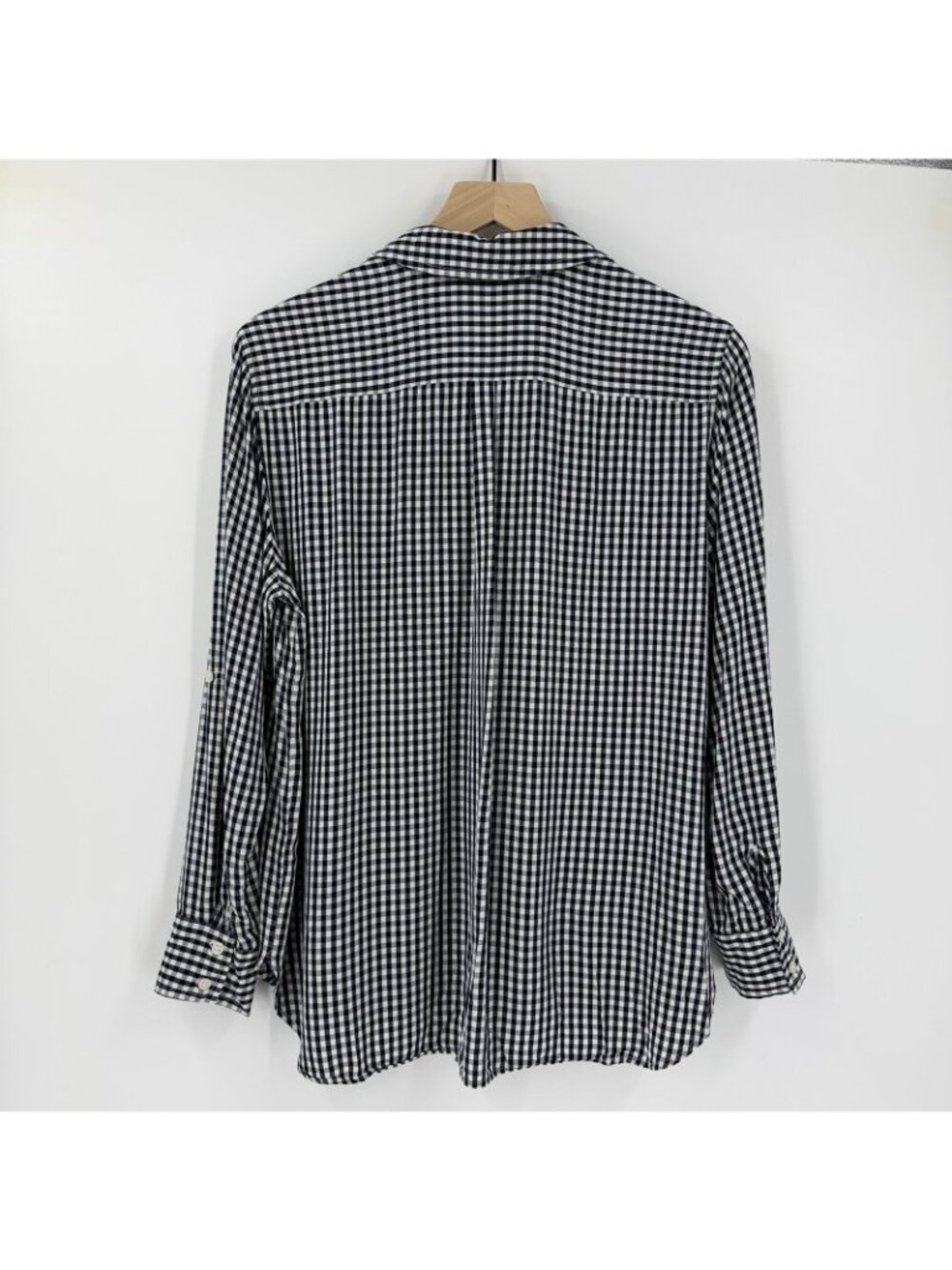Cremieux Navy Blue Gingham Check Blosue M Lightweight Roll Tab Preppy Summer - Picture 5 of 5